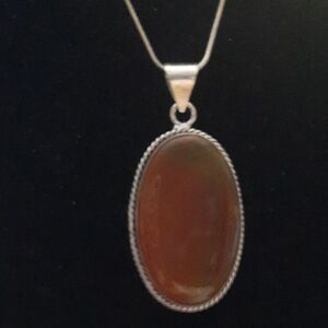 Elegant Silver And Red Carnelian Oval Pendant Necklace
